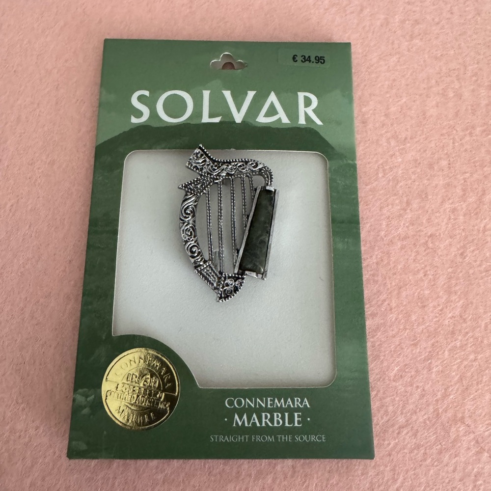 Silver and Green Harp Brooch